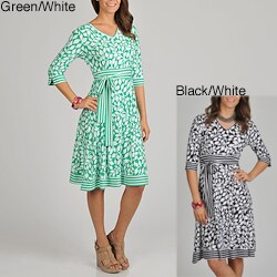 La Cera Women's Leaf Print 3/4 Sleeve V-neck Dress