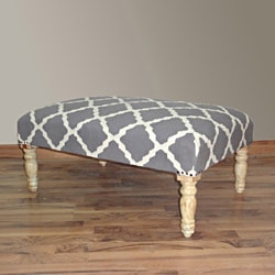 Hand Upholstered Moroccan Trellis Grey Wood Bench