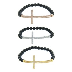 Eternally Haute Silver Black Agate Sideways Cross Stretch Bracelet