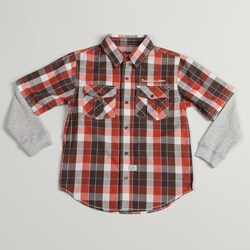 Calvin Klein Boys Orange/Gray Plaid Woven Cotton Button-down Shirt