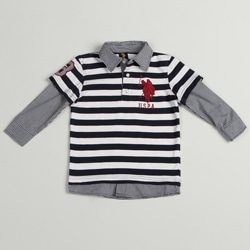 US Polo Boys' Navy/White Striped/Plaid Cotton/Polyester Polo Shirt FINAL SALE
