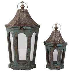 Wooden Lantern Set of Two Blue Antique Finish
