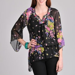 Sunny Leigh Women's Black Floral Embellished Blouse