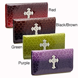 Patent Croco Embossed Checkbook Wallet with Rhinestoned Cross Accent