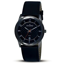 Skagen Men's Stainless Steel Black Leather Strap Watch