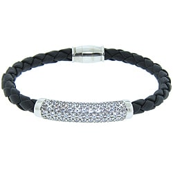 Eternally Haute Italian Sterling Silver Pave Braided Leather Magnet Bracelet