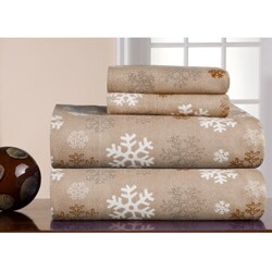 Pointehaven Snowflakes Oatmeal Printed Heavyweight Flannel Sheet Set