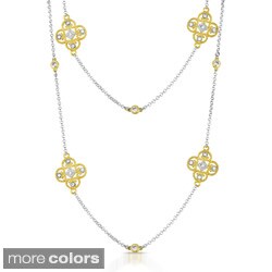 Sterling Silver Cubic Zirconia Clover Station Art Deco Necklace