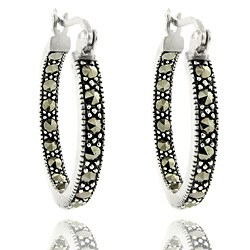 Silver Overlay Marcasite Hoop Earrings