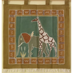 'Elephant and Giraffe' Hand Painted African Tapestry (Zambia)