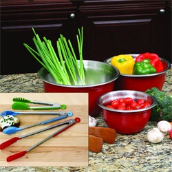 6-piece Red Stainless Steel Bowl and Tongs Set