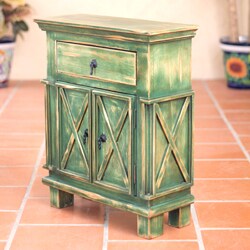 Handcrafted Pinewood 'Antique Green Crisscross' Nightstand (Mexico)