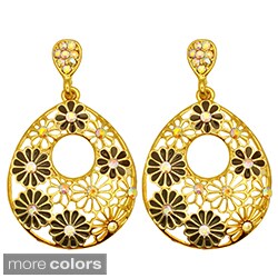 Kate Marie Goldtone Rhinestone and Enamel Teardrop Flower Earrings