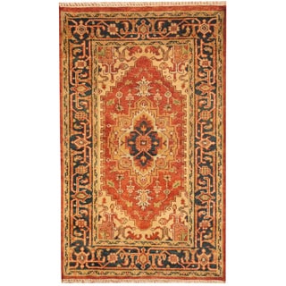 Herat Oriental Indo Hand-knotted Heriz Red/ Navy Wool Rug (3' x 5')