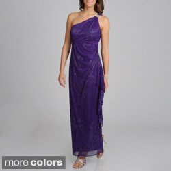 R & M Richards Women's Glittery One-shoulder Long Gown