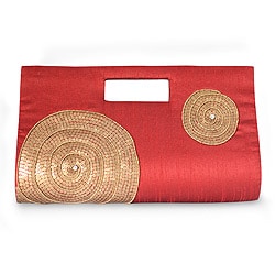 Silk Blend 'Scarlet Golden Orbits' Beaded Clutch Handbag (India)