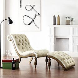 Bellagio Beige Linen Button Tufted Curved Chaise Lounge with Ottoman