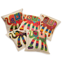 (^_-) Applique Elephant Cushion Covers with Kantha Embroidery (Set of 5) (India)