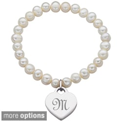 Platinum Overlay Freshwater Pearl Heart Initial Stretch Bracelet (7-8.5 mm)