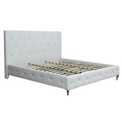 White Bonded Leather Buttoned Wood Slat Platform Bed