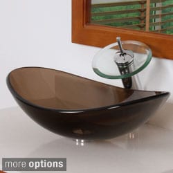 Elite Oval Design Tempered Glass Bathroom Vessel Sink and Waterfall Faucet Combo