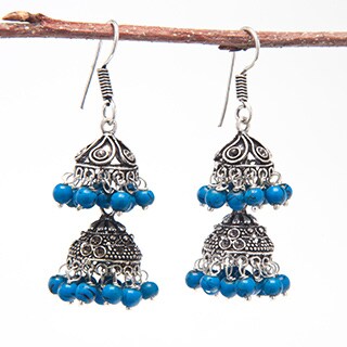 Handmade Silvertone Brass Kundan Blue Bead Chandelier Earrings (India)