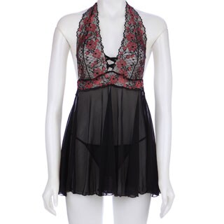 Lace &amp; Mesh Halter Babydoll &amp; G-String in Missy and Queen in Black by Rene Rofe-Image