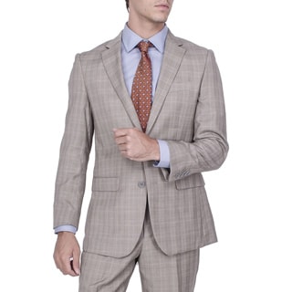 Men's Modern Fit Tan Plaid 2-button Suit with Pleated Pants-Image