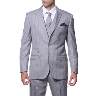 Zonettie by Ferrecci Men's Slim Fit Grey and Silver Plaid Double-breasted 3-piece Vested Suit-Image