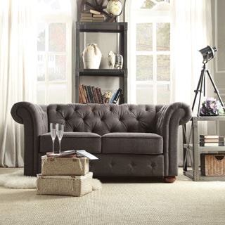 (>_<)  TRIBECCA HOME Knightsbridge Dark Grey Linen Tufted Scroll Arm Chesterfield Loveseat