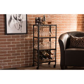 Baxton Studio Swanson Rustic Industrial Kitchen Bar Storage Wine Shelf with Textured Antique Black Metal and Distressed Wood