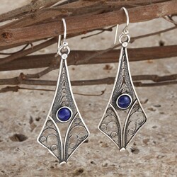 Sterling Silver Filigree Web Lapis Drop Earrings (Israel)