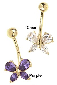 14k Gold Crystal Butterfly Barbell Belly Ring