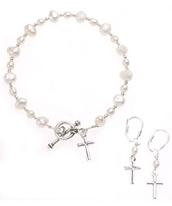 Sterling Essentials Sterling Silver 7-inch Cultured Pearl Cross Earring and Bracelet Set