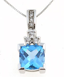 14k White Gold Blue Topaz & 1/6ct Diamond Pendant