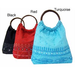 Handmade Indian Beaded Cotton Handbag with Wooden Handles (India)