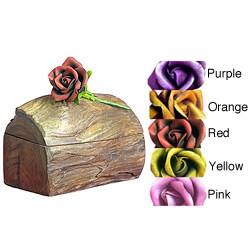 Teak Wood Jewelry Box with Mounted Rose