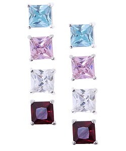 Icz Stonez Sterling Silver Princess CZ Stud Earring Set (4 Pair)