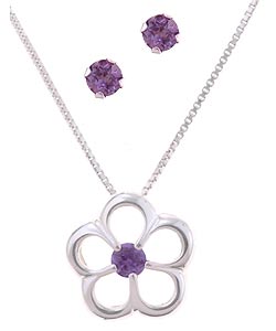 Icz Stonez Silver Purple CZ Earring and Flower Pendant Set