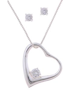 Icz Stonez Sterling Silver CZ Earring and Heart Pendant Set