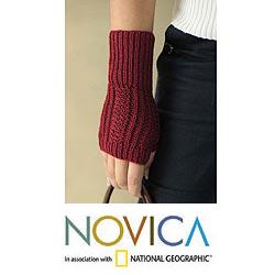 Alpaca Wool 'Scarlet Glam' Fingerless Mitt Gloves (Peru)