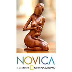 Handcrafted Suar Wood 'Mother and Her Child' Sculpture (Indonesia)