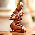 Handcrafted Suar Wood 'Mother and Her Child' Sculpture (Indonesia)