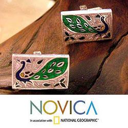 Sterling Silver 'Poised Peacocks' Meenakari Cufflinks (India)