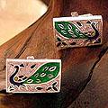 Sterling Silver 'Poised Peacocks' Meenakari Cufflinks (India)
