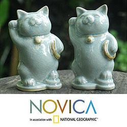 Set of 2 Celadon Ceramic 'Charming Lucky Cats' Figurines (Thailand)
