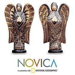 Set of 2 Pule Wood 'Angelic Welcome' Batik Sculptures (Indonesia)