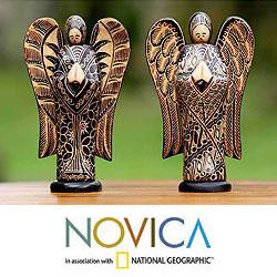 Set of 2 Pule Wood 'Angelic Welcome' Batik Sculptures (Indonesia)