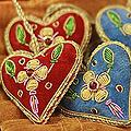 Set of 6 Polyester 'Holiday Hearts' Beadwork Ornaments (India)