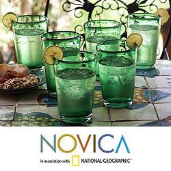 Set of 6 Blown Glass 'Emerald Angles' Drinking Glasses (Mexico)